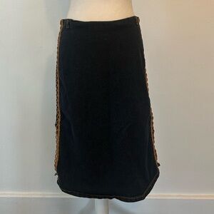 Vintage Fashion Art Denim Midi Skirt with Brown Accents